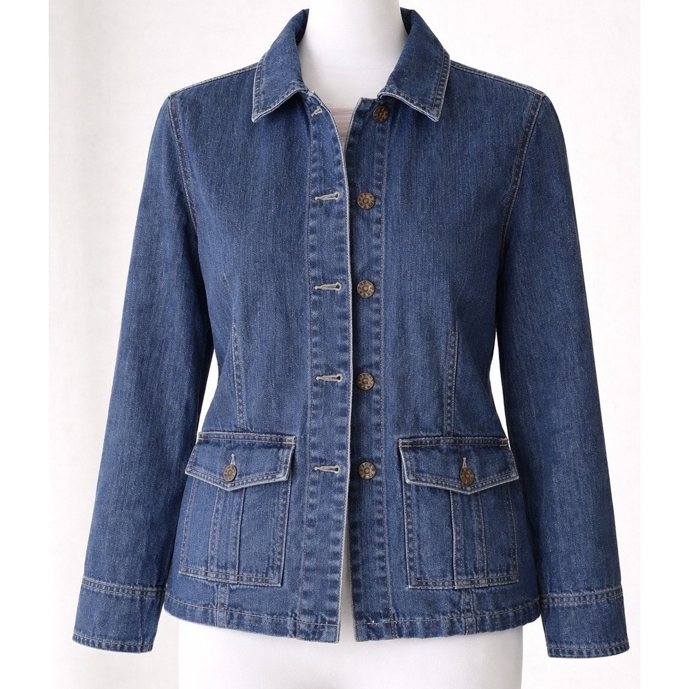 Caribbean Joe Denim Jacket Womens M Blue Utility Chore Coat Button Front Pockets